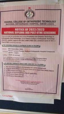 Federal College of Orthopaedic Technology Igbobi Post-UTME Screening, 2022/2023