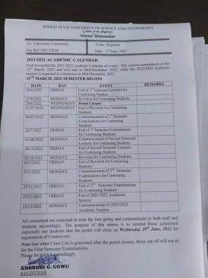 ESUT approved academic calendar, 2021/2022