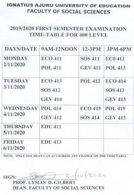 IAUE 1st semester exam timetable for 400 Level students of Faculty of Social sciences