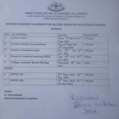 Audu Bako College of Agriculture revised academic calendar,  2019/2020