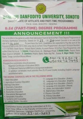 UDUS B.Ed Part-time Degree admission, 2023/2024