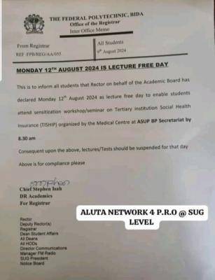 Fed Poly bida announces 12th August as lecture free day