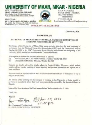 University of Mkar notice on resumption of academic activities