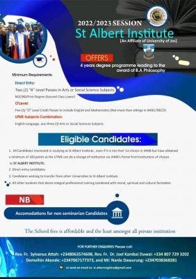 St. Albert institute (affiliated to UNIJOS) Post-UTME/DE 2022: Eligibility and Registration Details