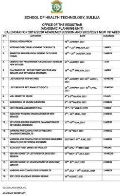 School of Health Technology, Suleja 2019/2020 and 2020/2021 session