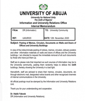 UNIABUJA kicks against pasting of memos, circulars on walls and doors of school buildings