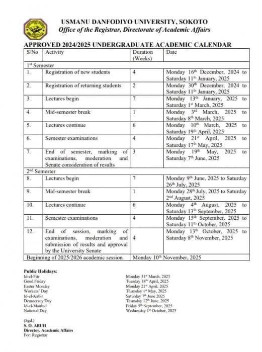 UDUSOK approved academic calendar for 2024/2025 session