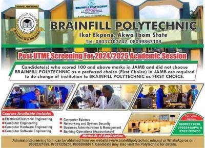 Brainfill Polytechnic, Post-UTME 2024: Cut-off mark, Eligibility and Registration Details