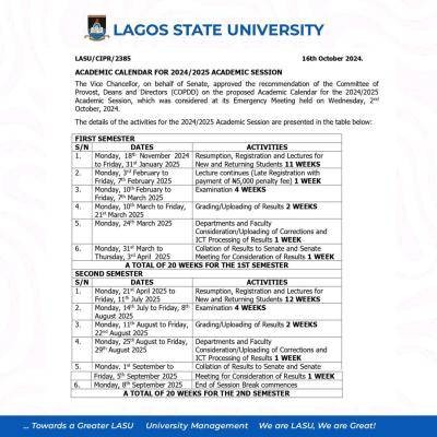 LASU academic calendar for 2024/2025 session