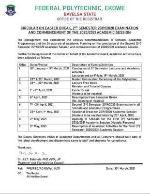 Fed Poly Ekowe notice on Easter break, 2nd semester exam & commencement of 2020/2021 session