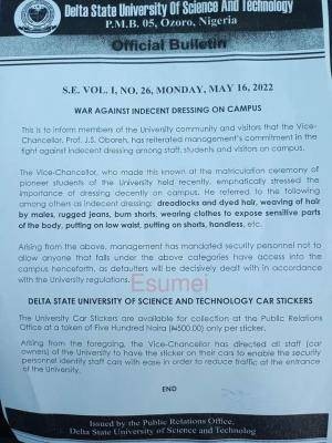 Delta State University, Ozoro notice on indecent dressing