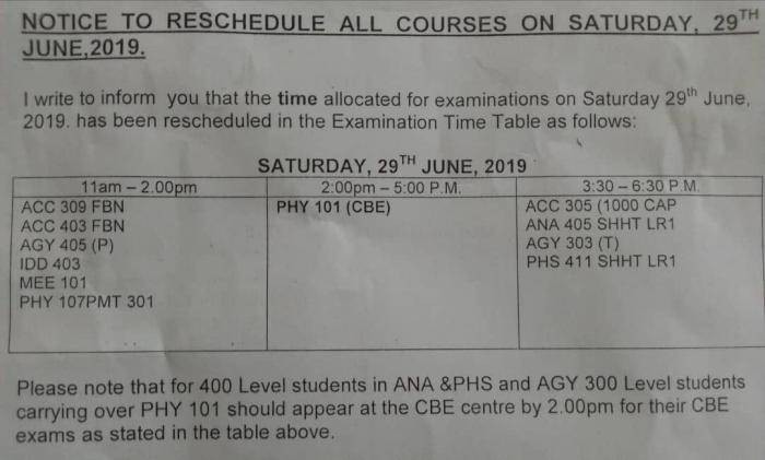 FUTA Rescheduled Computer-Based Examinations for 1st Semester 2018/2019 Session