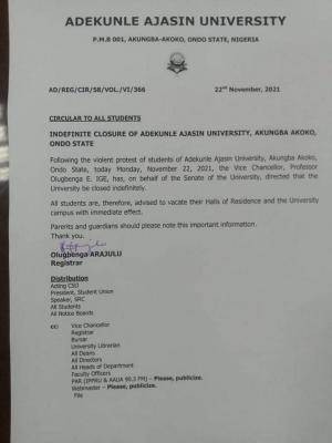 AAUA management orders closure of school indefinitely