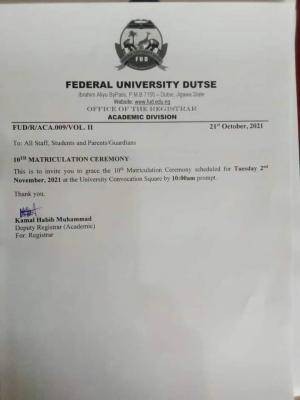 FUDutse announces 10th matriculation ceremony