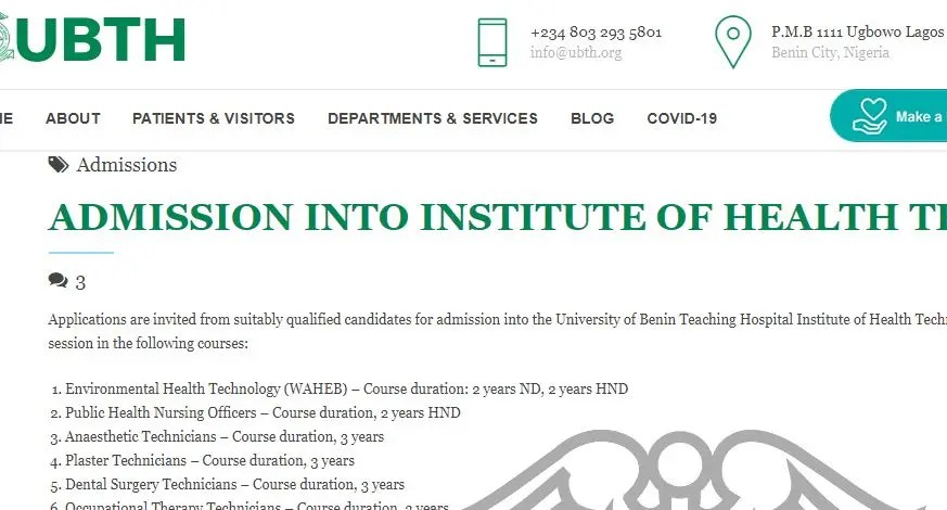 Institute Of Health Technology UBTH Admission Form 2024/2025 Session: How To Apply