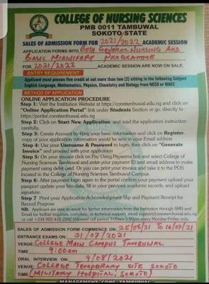 College of Nursing Sciences, Tambuwal, Sokoto admission for 2021/2022 session