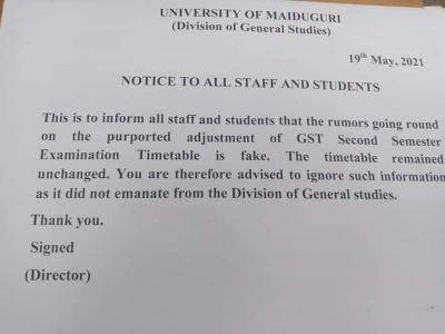 UNIMAID notice on alleged change of timetable for 2nd semester GST exam