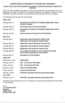 LAUTECH harmattan semester academic calendar, 2020/2021