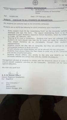 FUTMINNA notice to students on resumption protocols