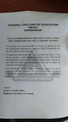 FCE Obudu sales of Professional Diploma in Education form, 2023/2024