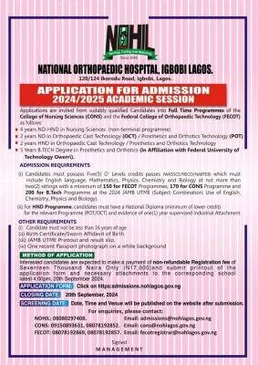 National Orthopedic Hosp. Igbobi, Lagos releases admission form, 2024/2025