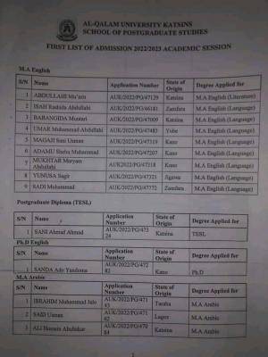 Al-Qalam University 1st batch Postgraduate admission list, 2022/2023