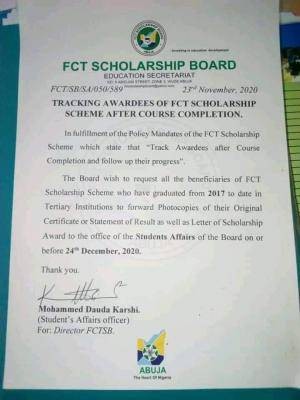 FCT Scholarship Board notice to awardees