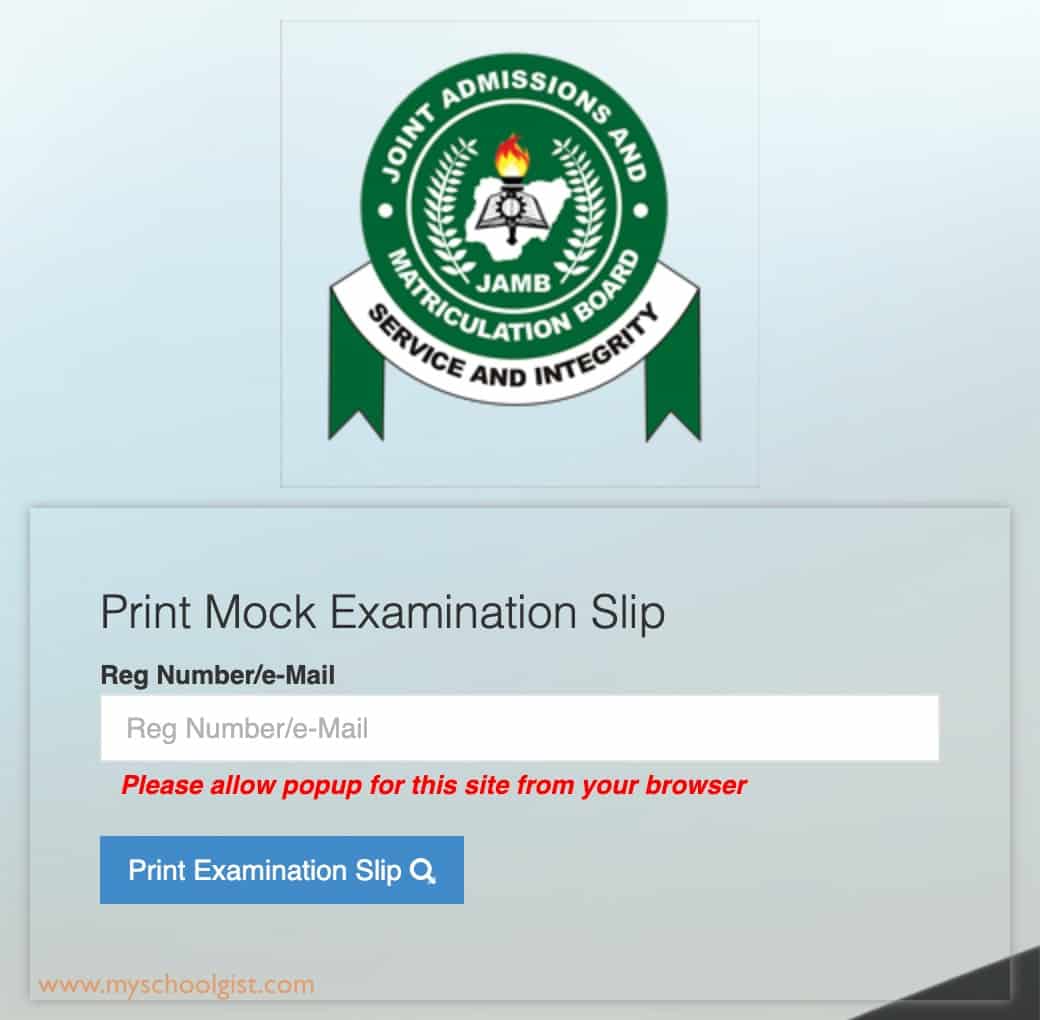 JAMB Mock exam slip printing portal