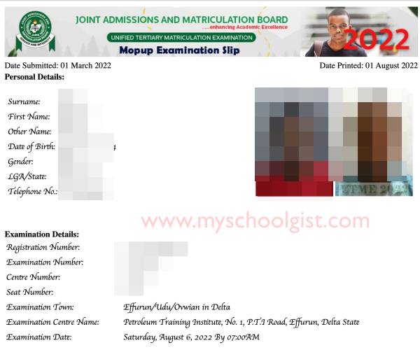 JAMB MopUp Examination Slip 2022