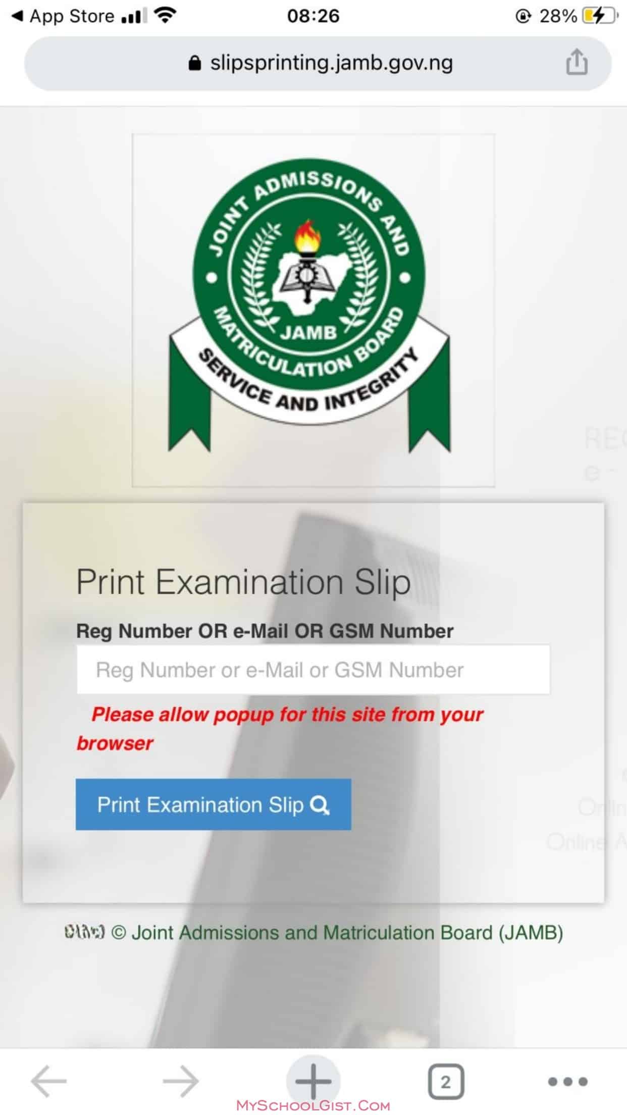 JAMB Slip Reprinting Website