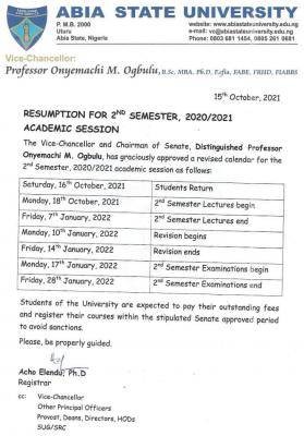 ABSU calendar for second semester 2020/2021 Session.