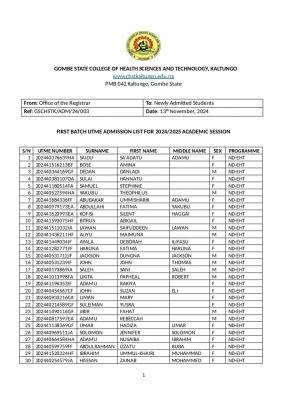 Gombe State College of Health Sciences & Tech. Kaltungo 1st batch UTME admission list, 2024/2025