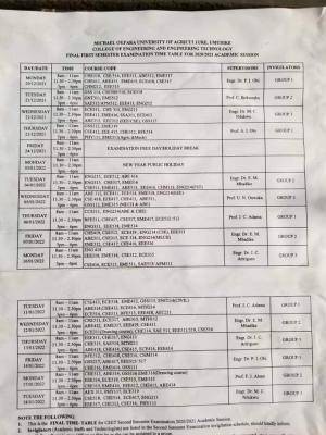 MOUAU first semester examination timetable, 2020/2021