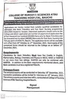 ATBU College of Nursing Sciences admission into basic midwifery & post basic nursing admission, 2021/2022