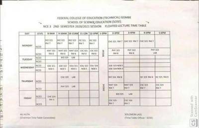 Federal College of Education (Tech.) 2nd Semester Lecture Timetable