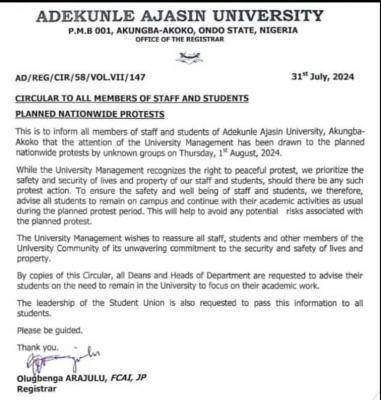 AAUA notice ahead of the planned nationwide protest