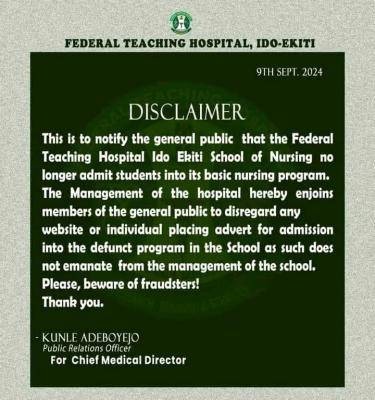 Federal Teaching Hospital School of Nursing, Ido-Ekiti admission disclaimer notice