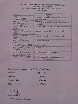 Abia State COE (Tech), Arochukwu 1st semester academic calendar, 2023/2024