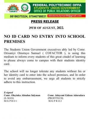 Offa Poly SUG notice to students on "no ID card no entry"