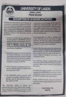 UNILAG notice to students and parents on commencement of online classes