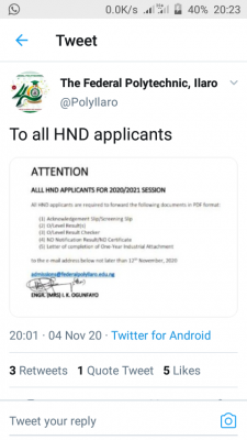 Federal Polytechnic Ilaro notice to 2020/2021 HND applicants