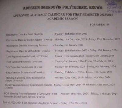 AOPE approve academic calendar for 1st semester, 2023/2024