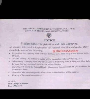 FUTA notice to students interested in NIMC Registration and Data Capturing