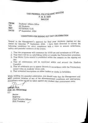 Fed Poly Bauchi conditions for signing out celebration