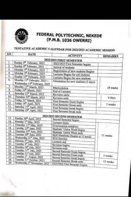 NEKEDEPOLY tentative academic calendar, 2022/2023 session