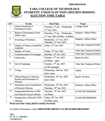 YABATECH SUG election eligibility & electoral guidelines, 2022/2023