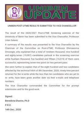 UNIBEN releases performance statistics of 2020 Post-UTME candidates