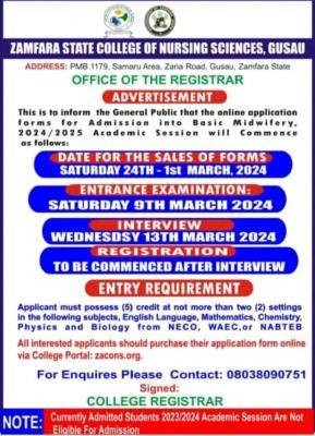 Zamfara State College of Nursing Sciences admission into Basic Midwifery, 2024/2025