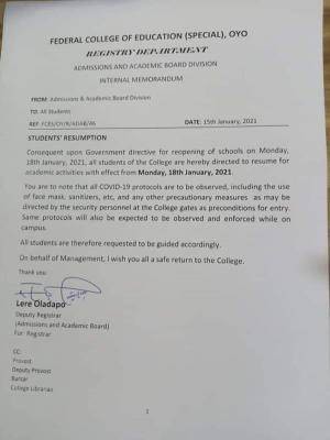 FCE Oyo notice to students on resumption of academic activities