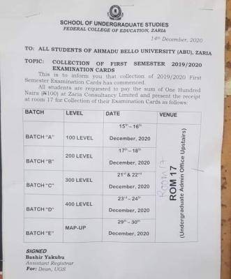 FCE Zaria notice on collection of 2019/2020 first semester examination cards